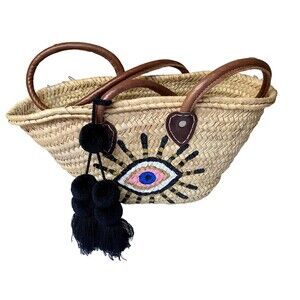 NWOT Handmade Woven Straw Evil Eye Bag w Tassel Pom Pon Moroccan Leather Straps